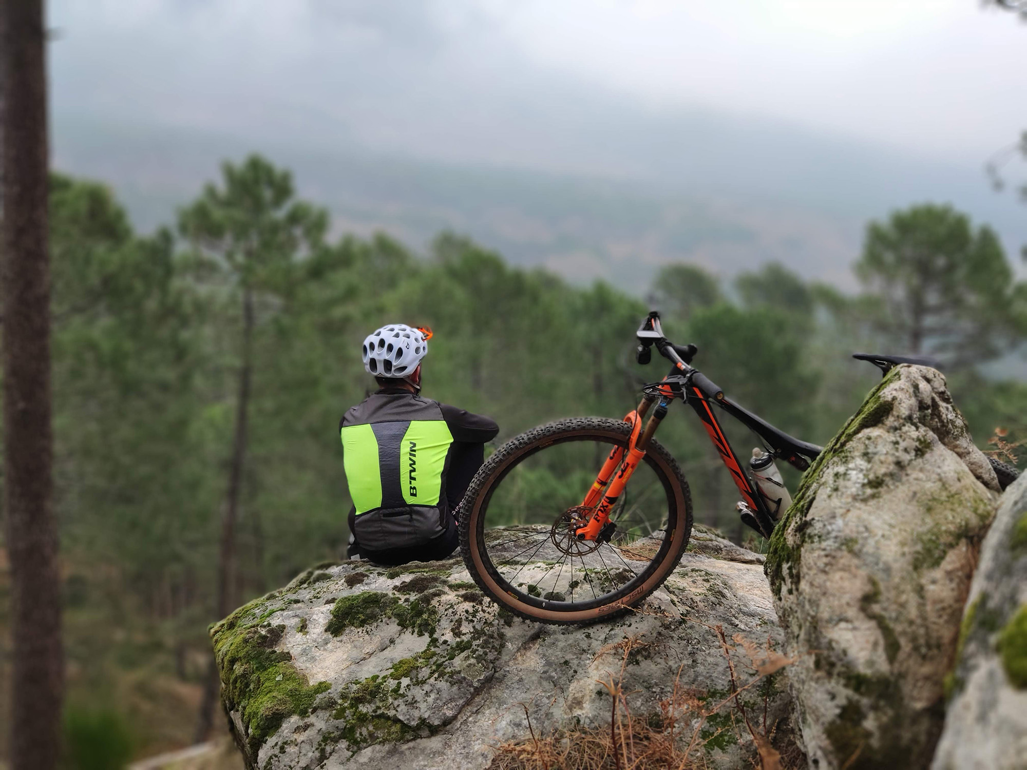 Fahrradfahrer sitzt auf Stein in der Natur